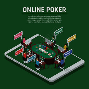 线赌场广告翡翠绿色背景等距海报与扑克游戏桌芯片玩家矢量插图线扑克等距构图海报图片