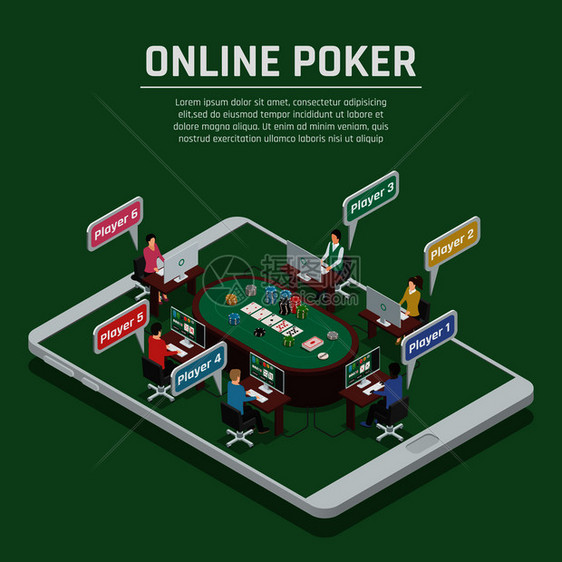 线赌场广告翡翠绿色背景等距海报与扑克游戏桌芯片玩家矢量插图线扑克等距构图海报图片