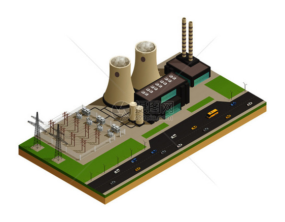 电力发电输配电设施网络等距成与Neigboring高速公路三维模型矢量图发电机等距成图片
