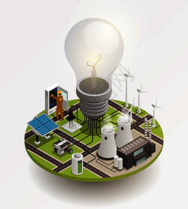 电力生产消费等距成与风车太阳能电池板巨大的灯泡矢量插图电力等距成图标图片