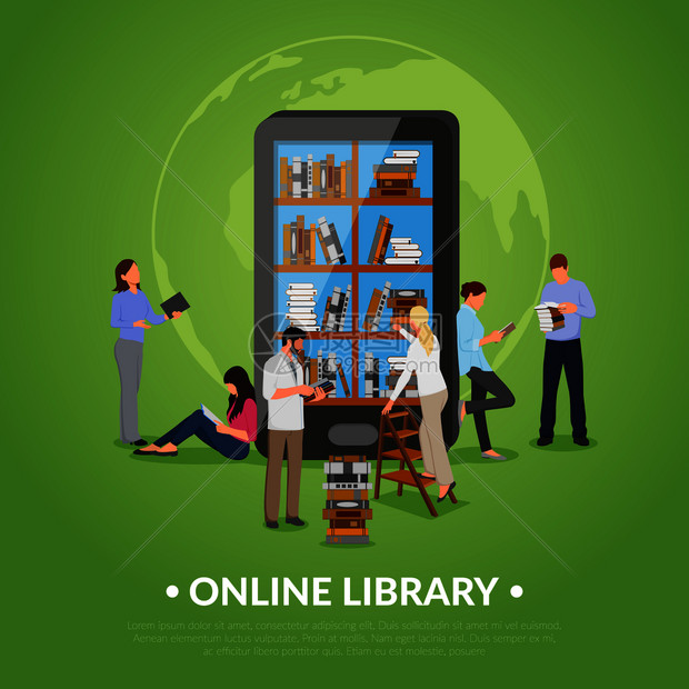 线图书馆与男女智能手机书籍平矢量插图线图书馆插图图片