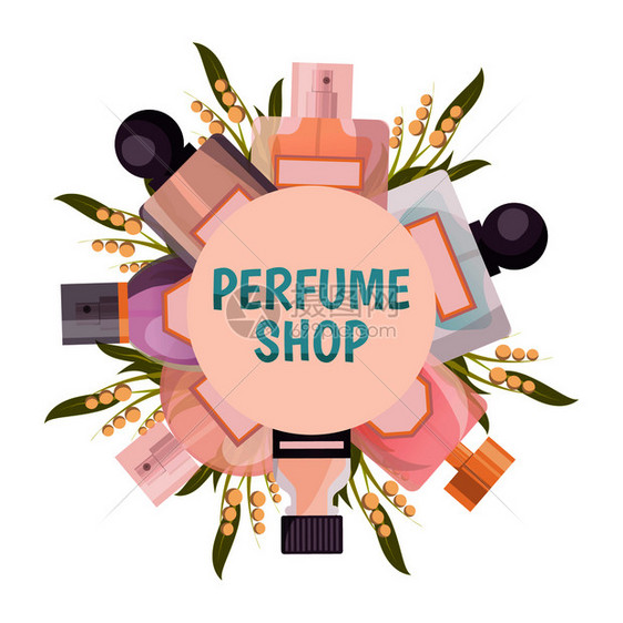 香水商店圆形框架背景的柔色调与火焰百合的山谷矢量插图香水店框架背景图片