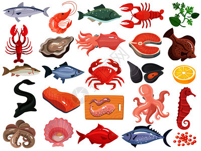 海鲜晚餐菜单项目平图标大螃蟹,小龙虾,牡蛎,软体动物,金鱼,鲑鱼矢量插图海鲜平图标大集图片