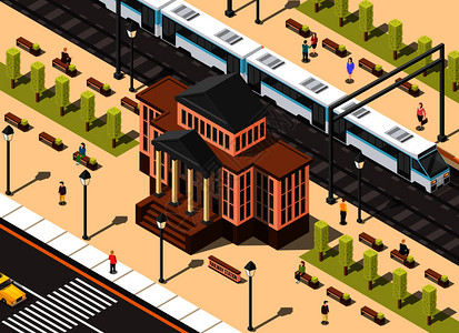 建筑等距构成的经典建筑火车站城市环境与高速列车矢量图火车站大楼成图片