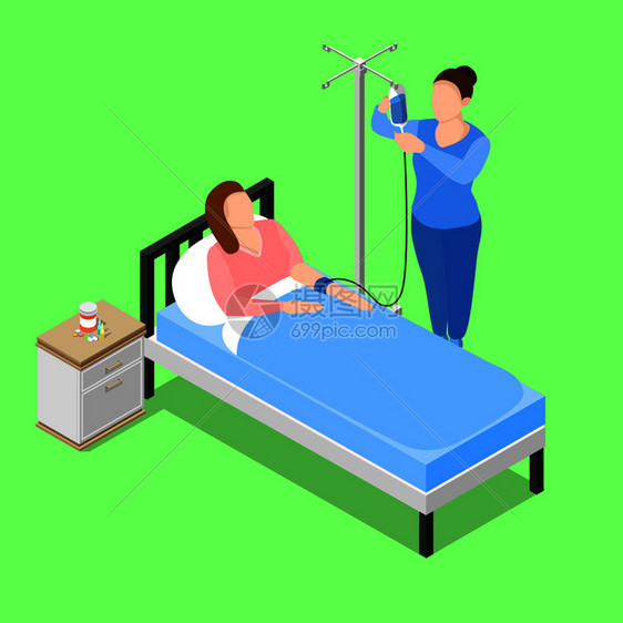 等距人群医生成与病房家具的人的特点,护士病人的病床矢量插图医院房间等距成图片
