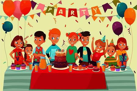 卡通儿童派海报与大桌子糖果礼物的生日庆祝矢量插图儿童派海报图片