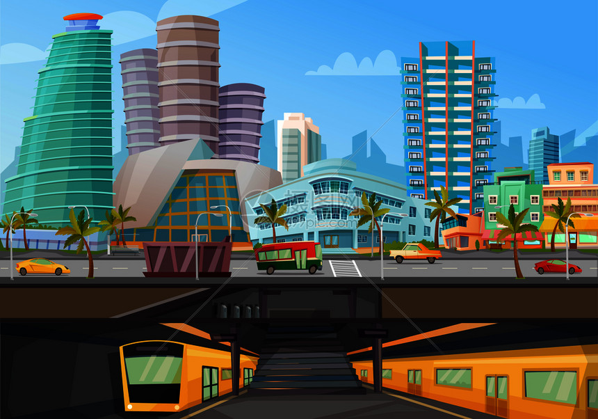 迈阿密市中心的地标塔楼天际线地铁列车前景复古卡通海报矢量插图迈阿密市中心地铁海报图片
