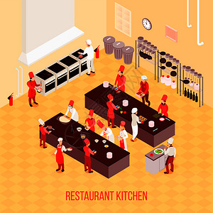 餐厅厨房等距成米黄调与厨师,桌子准备,烤箱,垃圾容器矢量插图餐厅厨房等距成图片