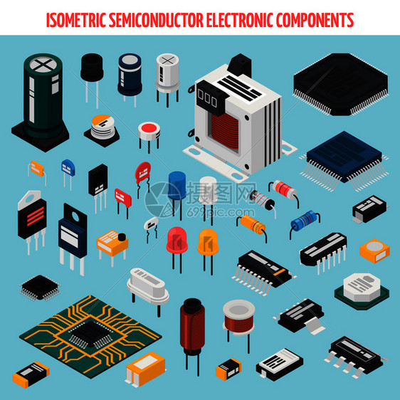 彩色隔离半导体电子元件等距图标主板芯片其他元素矢量插图半导体电子元件等距图标集图片