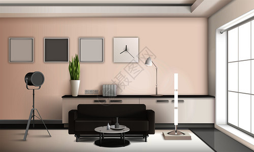 逼真的客厅室内三维与家具,法国窗口,相框矢量插图现实客厅室内三维图片