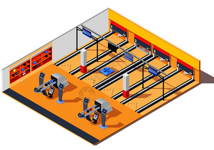 保龄球俱乐部等距室内与游戏轨道,返回系统,货架与引脚球矢量插图保龄球俱乐部等距室内图片