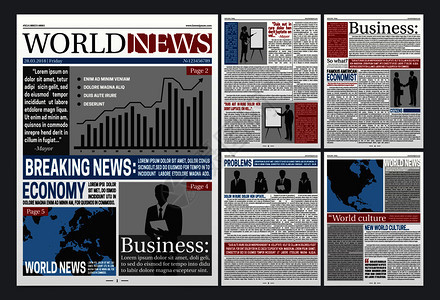 报纸经济页写实模板与世界商业新闻图商人黑色剪影矢量插图报纸开放写实模板图片