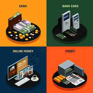 支付方法4等距图标与现金信用卡线交易孤立向量插图支付方法等距图标图片