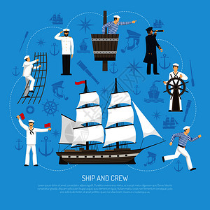 老式多桅杆帆船图标构图海报与水手掌舵轮蓝色背景矢量插图旧帆船水手构图复古图片
