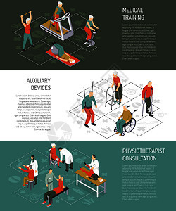 康复等距水平横幅与医疗训练辅助设备物理治疗师咨询成矢量插图康复等距水平横幅图片