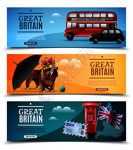 套带大列颠旅游符号的水平横幅,包括雨伞邮筒斗牛犬矢量插图大列颠旅行横向横幅图片