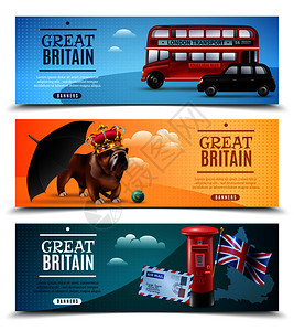 套带大列颠旅游符号的水平横幅,包括雨伞邮筒斗牛犬矢量插图大列颠旅行横向横幅背景图片