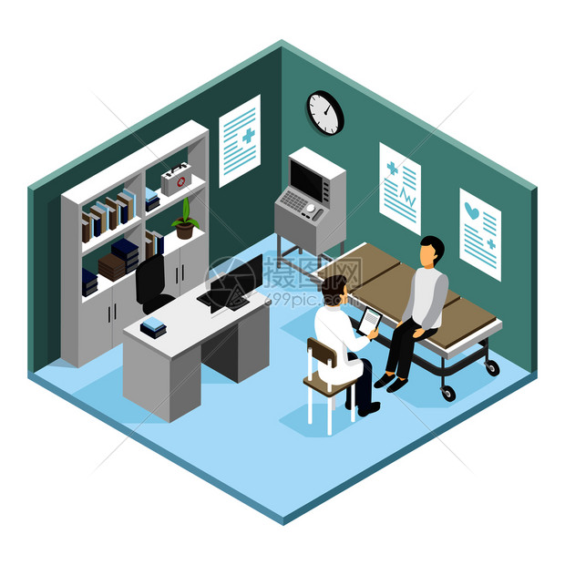 病人医生办公室与现代诊断设备接待心脏病专家等距矢量插图病人医生