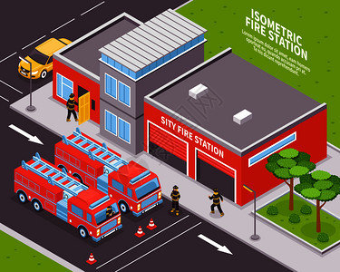 等距消防部门站与两个发动机三维矢量插图消防部门的插图图片
