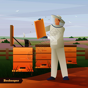 养蜂人穿着特殊的衣服,手里着蜂窝,靠近蜂巢,自然背景下,平构图矢量插图养蜂人平成图片