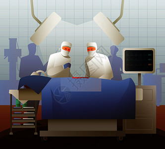 与外科医生手术期间,靠近沙发的灯下用病人专业设备矢量插图外科医生手术期间的扁平成分图片