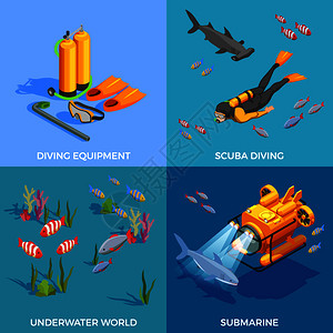 救生衣水肺潜水浮潜等距与四个成的潜水设备鱼类图像矢量插图潜水理念插画