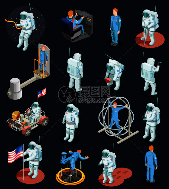 宇航员等距人集人类人物与宇航服,各种系统运动设备矢量插图宇航员等距字符集图片