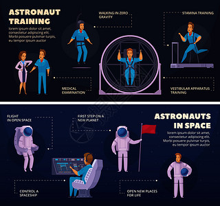 太空任务2水平卡通横幅与信息元素宇航员训练太空黑暗背景孤立矢量插图任务2卡通横幅图片