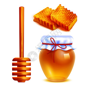 蜂蜜现实图标与木制北斗七星棒璃罐填充黄色蜂蜜蜂窝形状的矩形孤立矢量插图蜂蜜现实图标图片