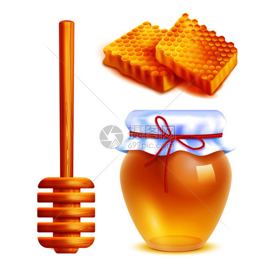 蜂蜜现实图标与木制北斗七星棒璃罐填充黄色蜂蜜蜂窝形状的矩形孤立矢量插图蜂蜜现实图标图片