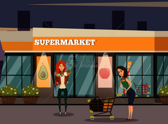 超市建筑正交背景与人货符号矢量插图超市建筑背景图片