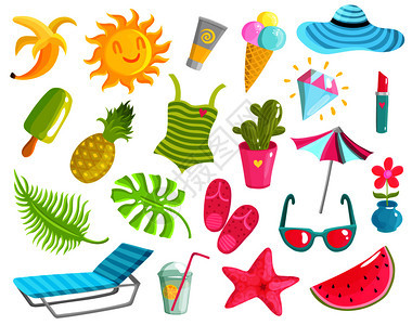 收集夏季用品,包括海滩配件,水果,冰淇淋,海星,钻石,太阳,仙人掌孤立矢量插图收集夏天的东西图片