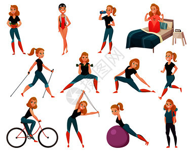 彩色健康生活方式图标与妇女进入体育矢量插图健康生活方式图标图片