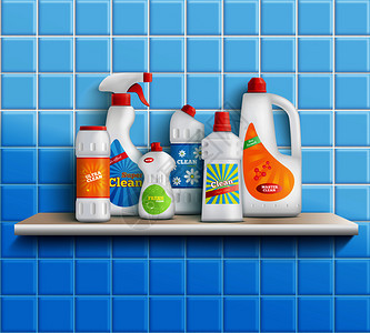带浴室厕所镜子清洁剂的货架上的逼真洗涤剂瓶子的成与墙砖矢量插图家庭护理用品成图片
