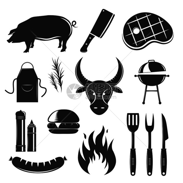 牛排馆复古元素收集与轮廓单色图像的肉制品,香料酱汁餐具矢量插图牛排屋元素图片