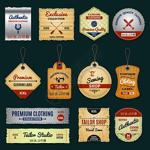 皮革缝制服装店,缝纫裁缝店的标签的矢量插图服装标签插画