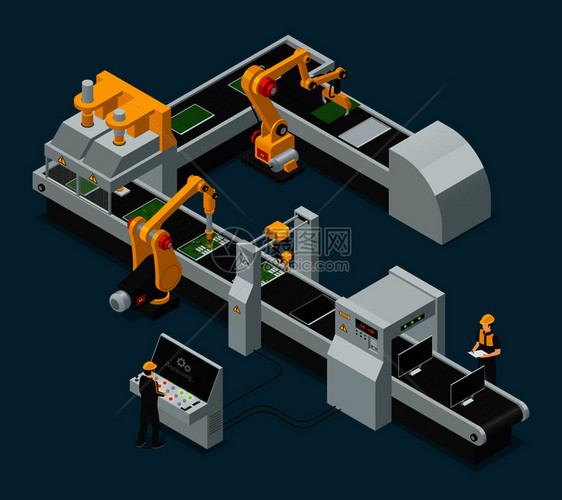 彩色电子工厂设备人员等距成与工作流程工厂矢量插图电子厂设备人员等距成图片