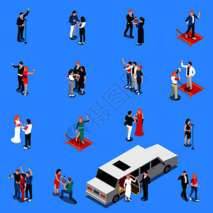名人等距与名人附近的豪华车麦克风红地毯上与崇拜者矢量插图名人等距集图片