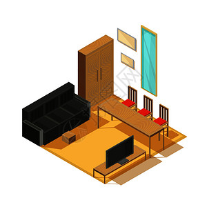 家具等距家具室物品,衣橱,沙发,电视机,镜子椅子与桌子矢量插图房间家具等距成图片