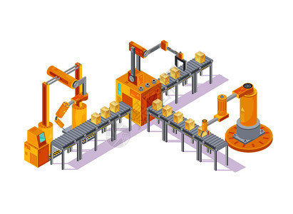 输送机设备等距成与机器人手焊接盒子线三维矢量插图输送机设备等距成背景图片