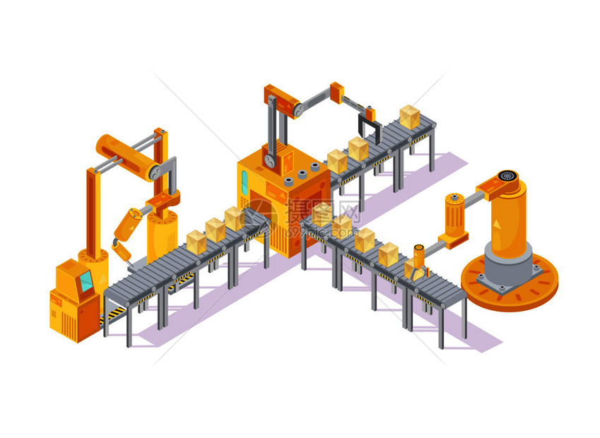 输送机设备等距成与机器人手焊接盒子线三维矢量插图输送机设备等距成图片
