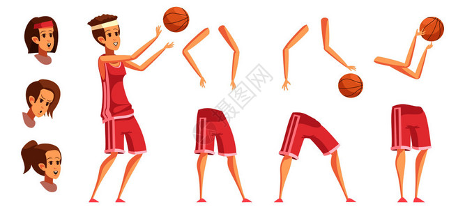 女运动员建设者复古卡通与篮球运动员元素平球手底部的图像矢量插图女运动员格建设者设定图片