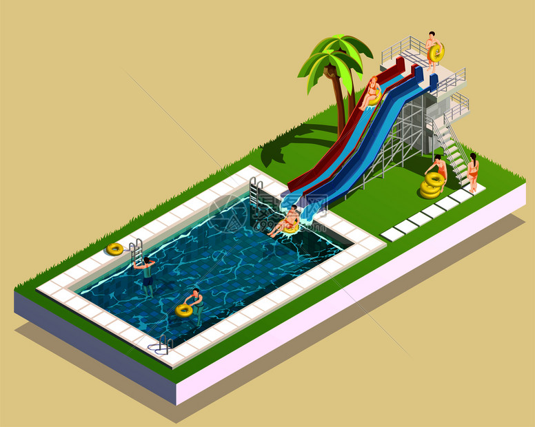 水上公园等距成的图像,水生设施图像,游泳池,滑水棕榈人类人物矢量插图水上公园滑水成图片