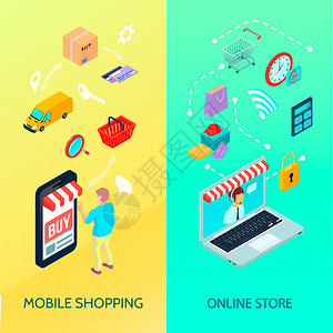 购物电子商务横幅移动购物网上商店描述矢量插图购物电子商务横幅套图片