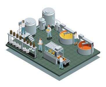 当代奶酪生产工厂地板与自动化加工步骤人员统等距成矢量插图奶酪生产工厂等距成图片