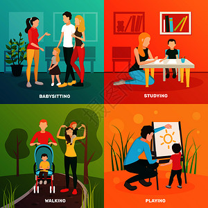 保姆人们扁平的2x2与丰富多彩的父母,孩子温柔的人类人物矢量插图儿童护士家庭理念图片