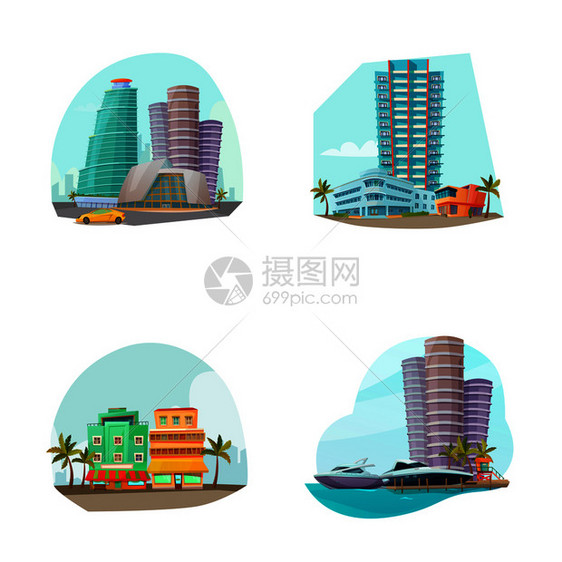 迈阿密城市景观4个著名的地标图标成海滩度假区塔楼卡通矢量插图迈阿密城市景观4图标成图片