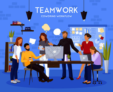 队合作背景与合作办公室工作流程符号平矢量插图队合作背景说明图片