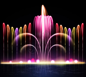 彩色闪光光谱喷泉,包括溪流夜间背景现实矢量插图的合灯光喷泉真实的夜晚背景图片