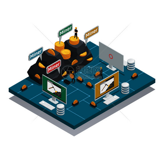 矿工的密码货币等距成与硬币山上手推车,计算机区块链矢量插图隐货币等距成的矿工图片